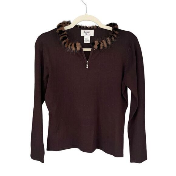 T3 VTG Bonnie And‎ Bill By Holly Mink Collar Silk Blend Sweater Brown Small - Picture 1 of 6
